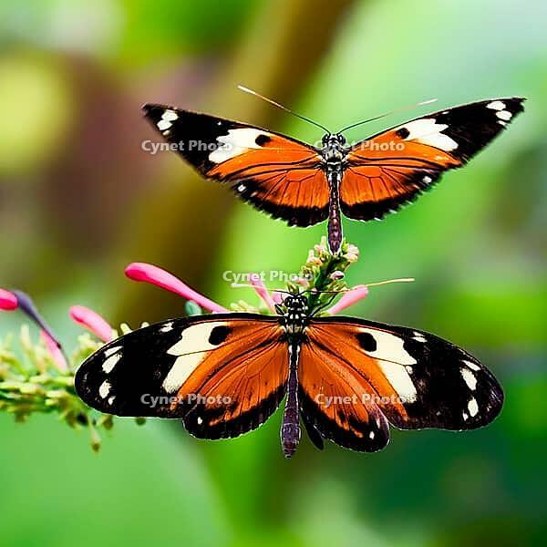 Two orange-black-white butterflies sit and float over a flowering branch, Passion flower butterfly (Heliconius), Mariposario de Benalmádena, captivity, Benalmádena, Costa del Sol, Andalusia, Spain [IBR125606095]