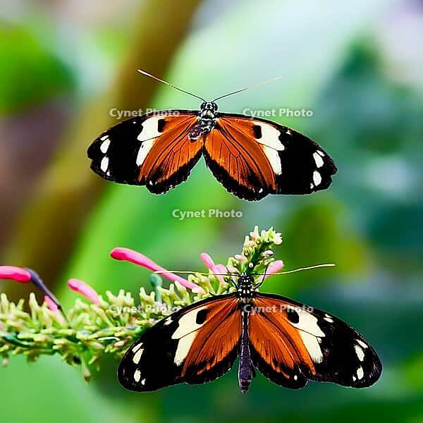 An orange-black butterfly hovers above a conspecific on a flowering plant, passion flower butterfly (Heliconius), Mariposario de Benalmádena, captivity, Benalmádena, Costa del Sol, Andalusia, Spain [IBR125606118]