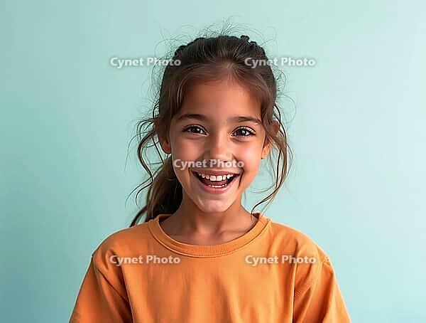 Studio portrait of happy young girl with braided hair, smiling on light green background, AI generated [IBR125621277]