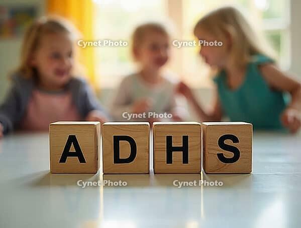 Wooden cubes showing adhd word are placed on a table with blurred children playing in the background, AI generated [IBR125621281]