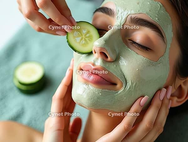 Woman relaxing with facial mask and cucumber slices during beauty treatment, AI generated [IBR125621283]