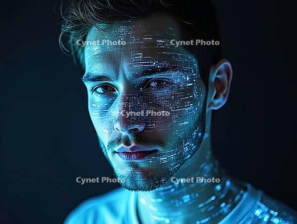 Futuristic portrait of a man with holographic face overlay blending human and digital elements, AI generated [IBR125621288]
