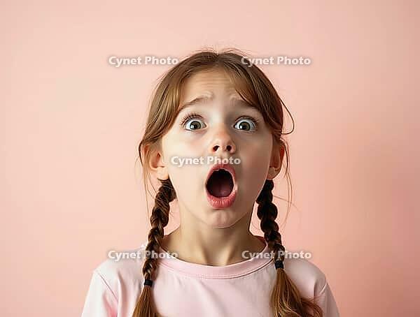 Studio shot of a surprised young girl with braids showing astonishment and shock on a pink background, AI generated [IBR125621289]