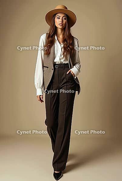 Businesswoman wearing elegant hat, vest, and trousers, striding confidently in a studio setting, showcasing modern office attire, AI generated [IBR125621290]