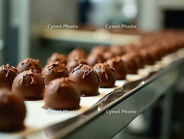 Round chocolate pralines moving along an assembly line, illustrating the production process in a food factory, AI generated [IBR125621291]