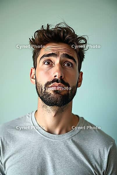 Young man expressing disappointment and sadness, looking up with furrowed brows and messy hair against a light green background, AI generated [IBR125621293]