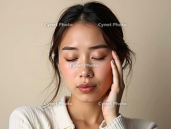 Serene young asian woman closing her eyes and gently touching her face, conveying a sense of tranquility and skincare, AI generated [IBR125621298]