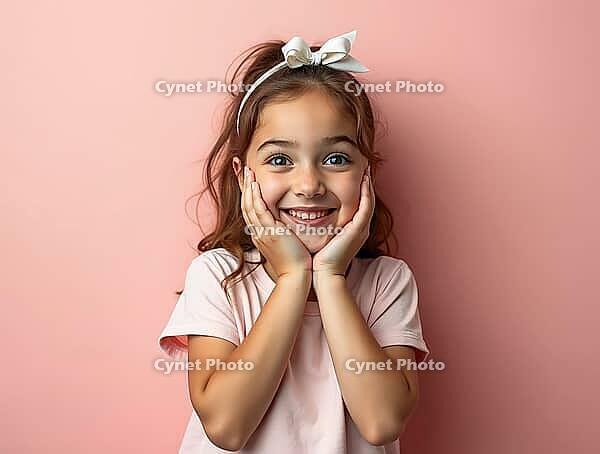 Studio portrait of cheerful girl with white bow holding her cheeks, expressing joy and happiness, AI generated [IBR125621299]