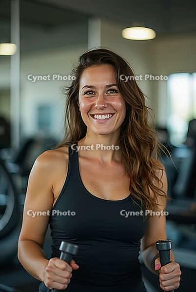Happy sportswoman exercising on elliptical machine in fitness center, promoting healthy lifestyle, AI generated [IBR125621300]