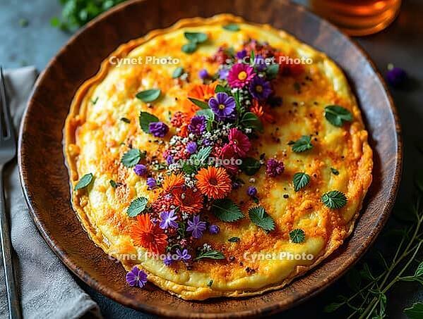 Delicious omelet seasoned with spices and decorated with edible flowers, served on a rustic wooden plate, creating a visually appealing culinary experience, AI generated [IBR125621301]