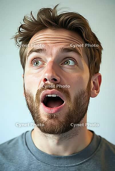 Bearded man expressing shock and surprise, looking upwards with wide open mouth and raised eyebrows against a light colored studio background, AI generated [IBR125621302]