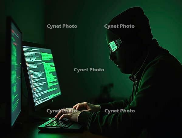 Hacker typing on keyboard while programming on computer in dark room with green code reflecting on face, AI generated [IBR125621303]