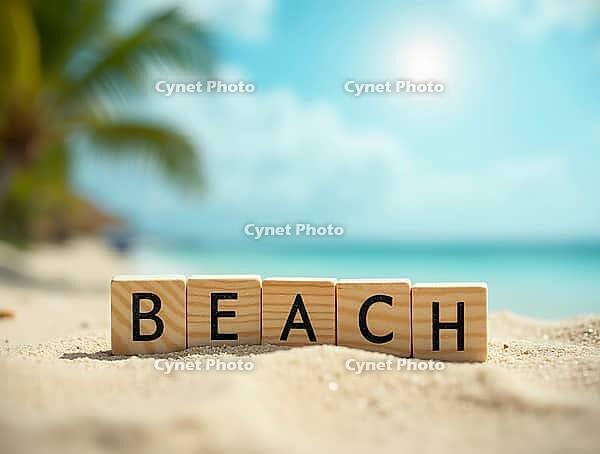 Wooden cubes spelling beach resting on white sand with a blurred tropical background of palm trees, turquoise water, and blue sky, AI generated [IBR125621304]