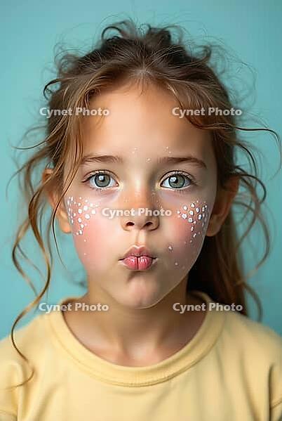Young girl with painted freckles making a funny face against a turquoise background, expressing playful emotions and childhood joy, AI generated [IBR125621305]
