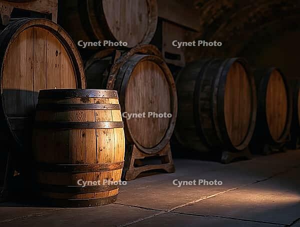 Wine barrels aging in a dark cellar with soft light and shadows, AI generated [IBR125621306]