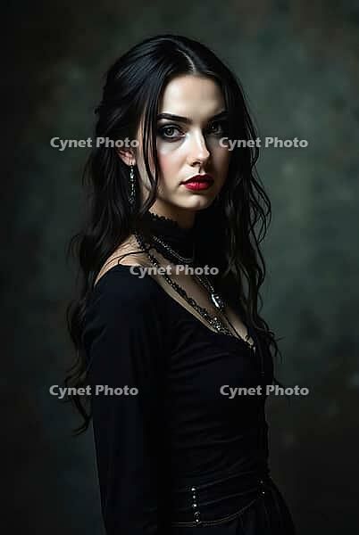 Studio portrait of a gothic model wearing elegant black dress and silver jewelry, AI generated [IBR125621310]