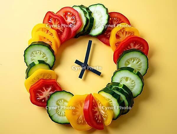 Sliced cucumbers, tomatoes, and peppers arranged as a clock on a yellow background, promoting healthy eating habits and mindful meal timing, AI generated [IBR125621312]