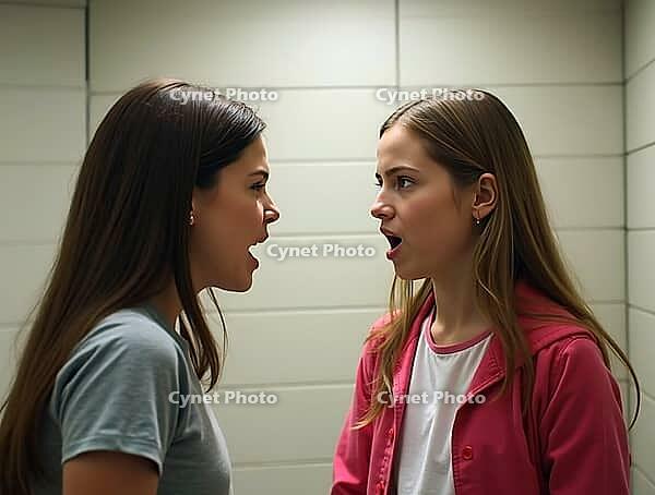 Two teenage girls having a heated argument, raising their voices and expressing disagreement, AI generated [IBR125621314]
