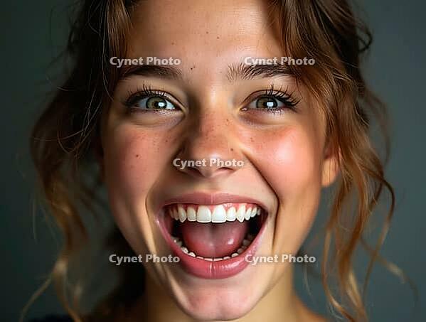 Close-up portrait of a cheerful young woman with freckled skin and wavy hair, expressing excitement and happiness, AI generated [IBR125621315]