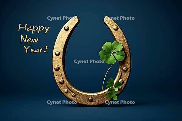 Happy New Year, luxury, greeting card, design with elegant, golden horseshoe, and lucky, four-leaf clover, on a smooth blue, background. Generative AI, seasonal, holiday concept, featuring metallic, gold typography, and traditional, good luck charms, AI g [IBR125621316]