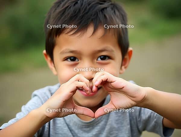 Adorable little boy making a heart shape with his hands, smiling shyly, AI generated [IBR125621317]