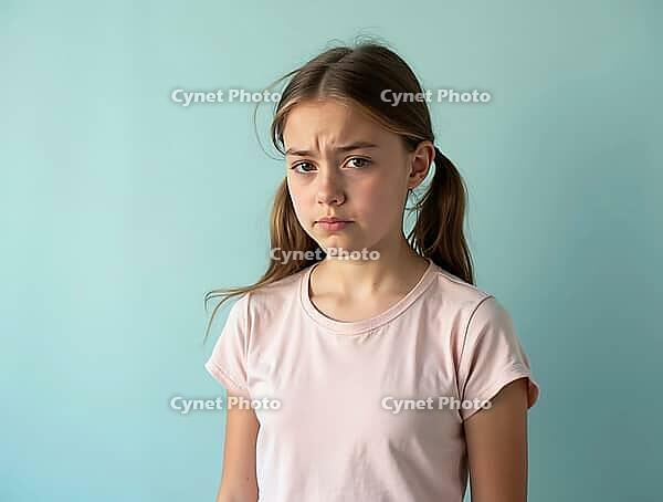 Teenage girl with pigtails showing disappointment and sadness with a light blue background, AI generated [IBR125621321]
