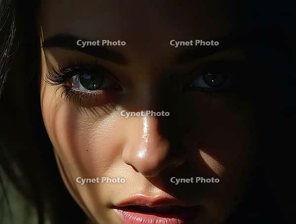 Close-up of a woman's face with shadows highlighting her eyes, AI generated [IBR125621322]