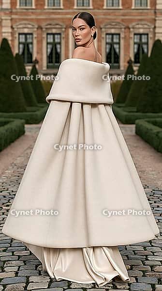 Woman in cream wool opera coat with oversized shawl collar over champagne satin gown on cobblestone path, French chateau garden. AI generated [IBR125621324]