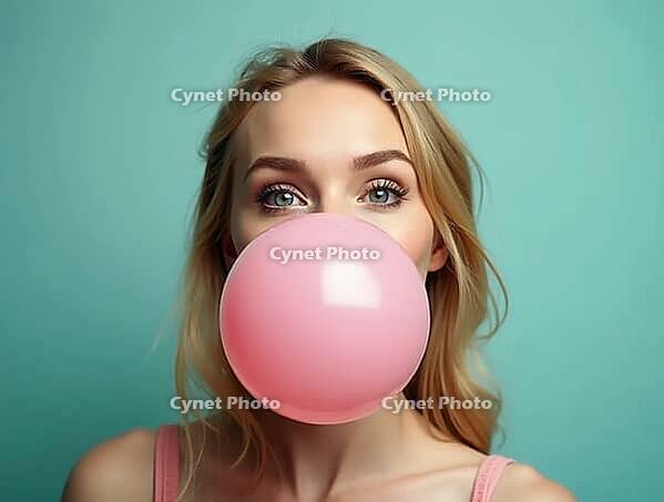 Fashion portrait of a young woman blowing a pink bubble gum bubble on a turquoise background, AI generated [IBR125621326]