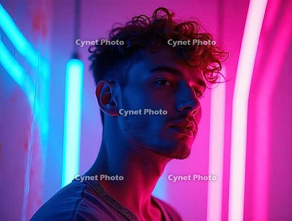 Young man surrounded by vibrant neon lights in futuristic ambiance, AI generated [IBR125621327]