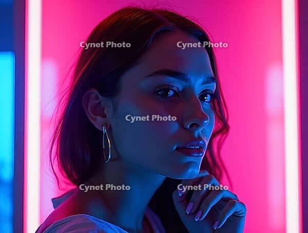 Young woman illuminated by vibrant pink and blue neon lights, AI generated [IBR125621330]