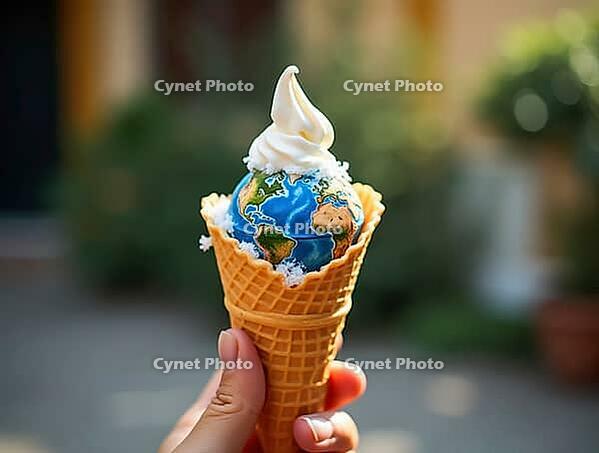Ice cream cone with earth globe as ice cream scoop raising awareness for climate change and global warming, AI generated [IBR125621340]