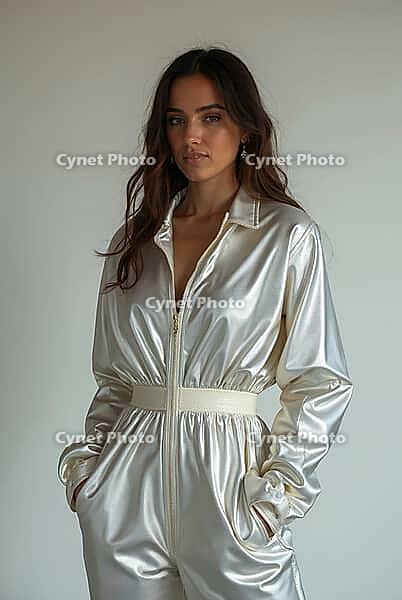 Fashion model wearing a stylish white jumpsuit posing in a studio setting, showcasing contemporary apparel, AI generated [IBR125621342]
