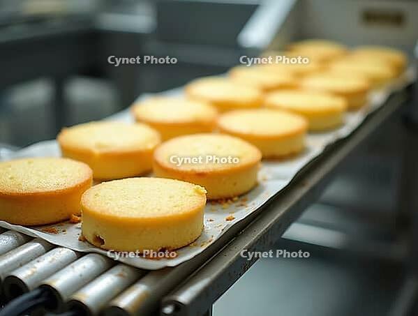 Freshly baked round sponge cakes moving along an assembly line, illustrating the production process in a food processing plant, AI generated [IBR125621347]