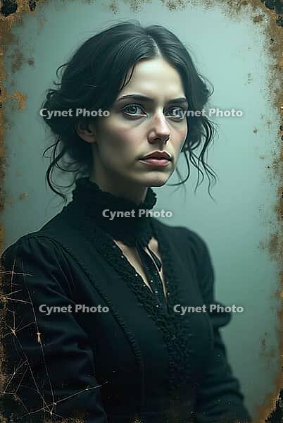 Portrait of a victorian woman with a ghostly, ethereal effect and a cracked glass texture, AI generated [IBR125621350]