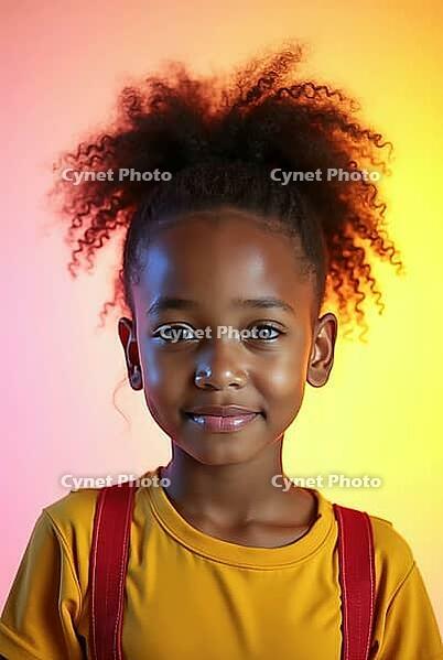 Studio portrait of a smiling young african american girl with afro hairstyle, posing confidently against a vibrant and colorful backdrop, AI generated [IBR125621351]
