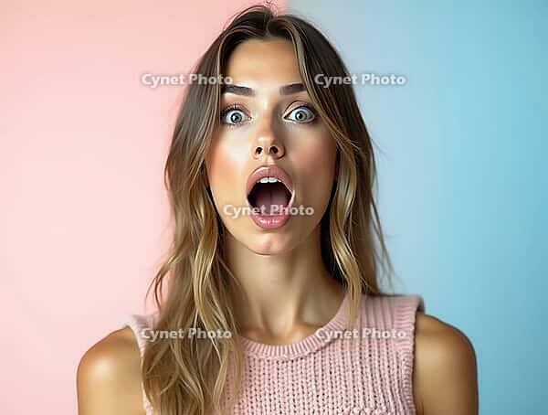 Portrait of a surprised young woman with open mouth showing emotion on pastel pink and blue background, AI generated [IBR125621354]
