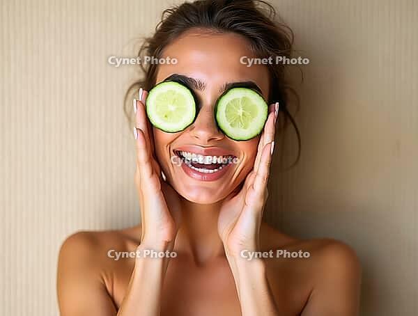 Happy smiling woman with cucumber slices on her eyes having fun during beauty treatment, AI generated [IBR125621356]