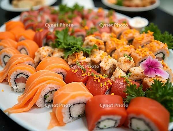 Delicious assortment of sushi rolls beautifully presented on a platter, featuring fresh fish, vibrant garnishes, and a delicate pink flower, AI generated [IBR125621359]