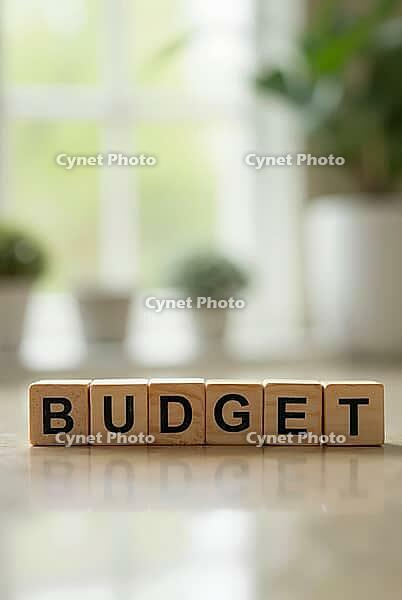 Wooden cubes spelling budget on a reflective surface with a blurred home background, AI generated [IBR125621360]