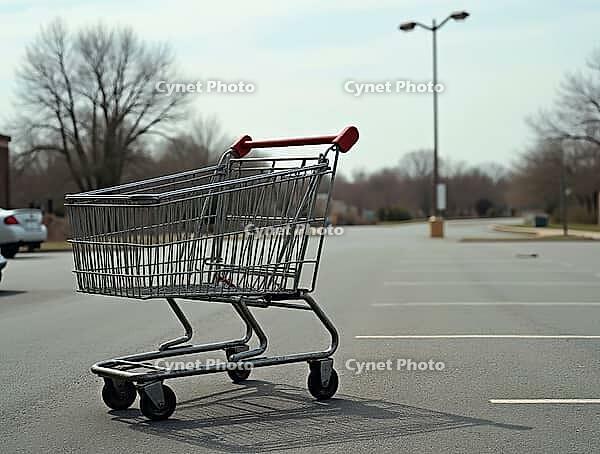 Metal shopping cart stands alone in deserted parking lot, suggesting decline in consumer spending and retail activity, AI generated [IBR125621361]
