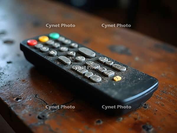 Dusty remote control on a wooden table representing a concept of outdated technology, AI generated [IBR125621363]