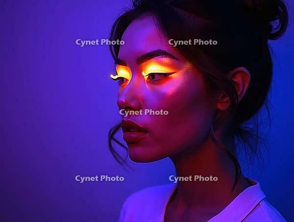 Beautiful woman with glowing neon fluorescent makeup posing in studio with colored lights, AI generated [IBR125621364]