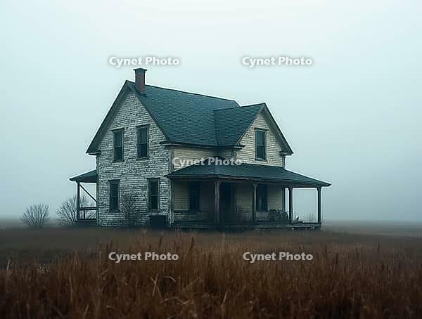 Creepy old abandoned house standing alone in the middle of a foggy field, its paint peeling and roof slightly dilapidated, AI generated [IBR125621370]