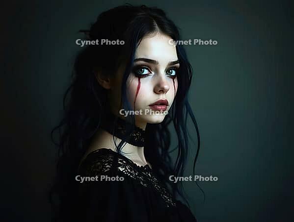 Young woman with dark makeup, including blood tears, and gothic fashion posing against a dark background, AI generated [IBR125621371]