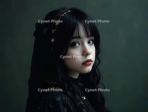 Studio portrait of a gothic model wearing an elegant black dress and golden headband, showcasing dark fashion aesthetics, AI generated [IBR125621372]