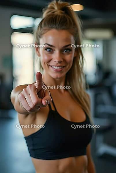 Smiling fitness model pointing her finger at you in a blurred gym background, AI generated [IBR125621374]