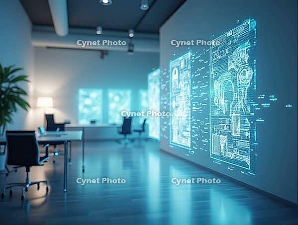 Modern office interior showcasing holographic projections of technical drawings and binary code, illuminated by ambient blue light, AI generated [IBR125636864]