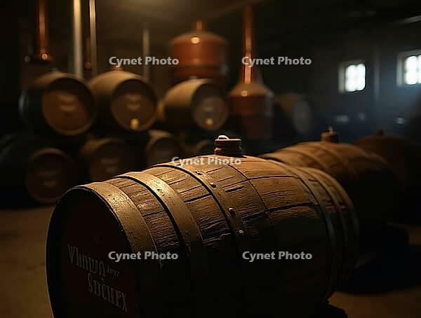 Oak barrel aging whiskey in a traditional distillery cellar, showing the craftsmanship and tradition of spirits production, AI generated [IBR125636866]