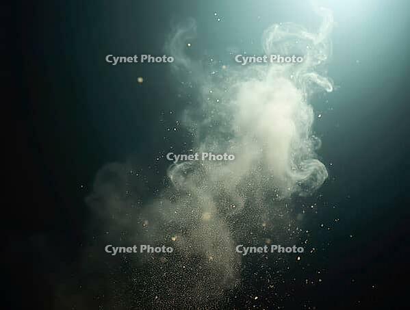 Smoke and particles swirling together, creating abstract shapes against a dark background, illuminated by a bright light source, AI generated [IBR125636867]